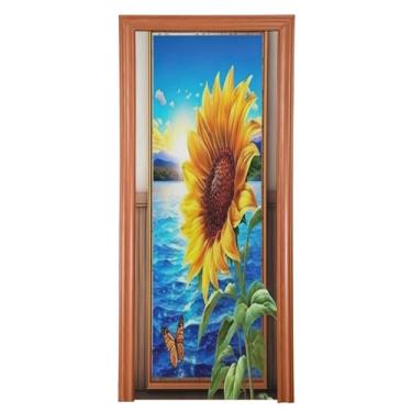 Imagem de Wassud Capa para porta, decoração de girassol grande, 96 x 98 polegadas, faixa elástica para porta interna para varanda e porta da frente