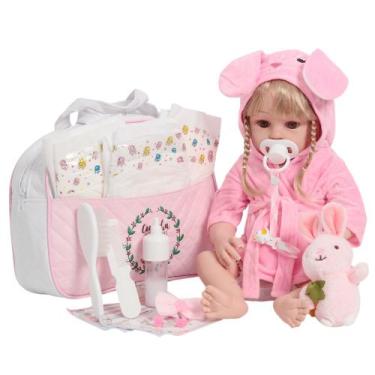 Imagem de Bebê Reborn Boneca Realista Loira Roupão Coelho Bolsa Itens - Cegonha 