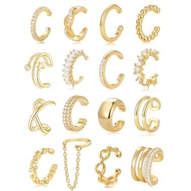 Imagem de AKEOQI 16 brincos de orelha não perfurantes de zircônia cúbica para mulheres, banhado a ouro, prata, clipe na cartilagem, hélice, brincos falsos, joias, Cobre, Zircônia cúbica