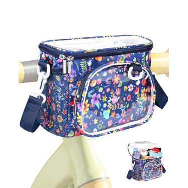 Imagem de ZOMICE Cesta de bicicleta infantil, bolsa de guidão frontal para bicicletas de meninas, cesta de bicicleta pequena impermeável com zíper para bicicleta de triciclo de scooter infantil (flor)