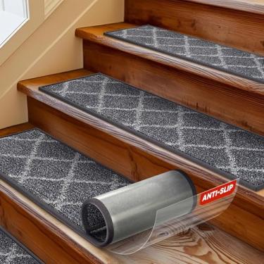 Imagem de MBIGM 20,32 cm x 76,2 cm Tapete de escada (pacote com 15) – Tapete de segurança antiderrapante com pelúcia macia confortável – corredor interno antiderrapante para crianças, idosos e animais de estimação – Adesivo reutilizável – cinza escuro/cinza claro