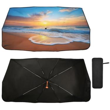 Imagem de Kigai Belo cenário de praia para-brisa de carro guarda-sol, para-sol dobrável para carro, para-brisa, ajuste sedã, SUV, caminhonete para a maioria dos veículos, persianas de janela de carro