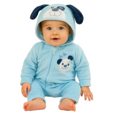 Imagem de Macacão Infantil Plush Bebê Fantasia Manga E Capuz Temático (Azul Celeste/Cachorro, P)