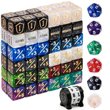 Imagem de 80 Pcs MTG Dice Set in 12 Colors with Plus 1 Life Counter Dices, Buff Ability Keyword Tokens, Shield and Spindown Dice, Life Counter Wheel Bag for MTG, TCG, Cards Gaming Accessories (Black and White)