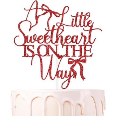 Imagem de Red Glitter A Little Sweetheart is on the Way Cake Topper, Cupid Valentine's Day Wedding Pregnancy Announcement Baby Shower Party Decorations Supplies