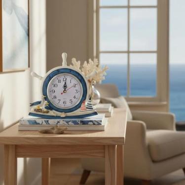 Imagem de Relógio Mesa Náutico Mar E Praia Timão Enfeite Gaivota 21x21cm - Danta