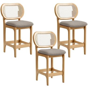 Imagem de Kit 3 Banquetas Baixa Bar Cozinha Sala De Jantar Betta L02 Mel Tela Linho Bege - Lyam Decor