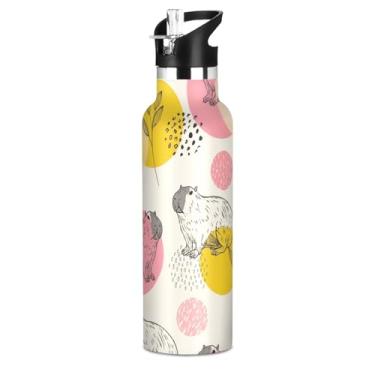 Imagem de TSENQUE Garrafa de água esportiva infantil isolada de aço inoxidável com padrão rosa amarelo capivaras bege 600 ml