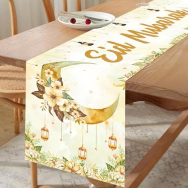 Imagem de Caminho de mesa Eid Mubarak, decorações Ramadan Kareem com padrão de lua de flores em aquarela, corredores de mesa de jantar de cozinha para decoração de feliz feriado islâmico e suprimentos de festa