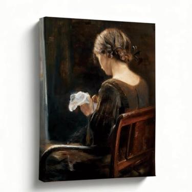 Imagem de Arte de parede em tela, costureira por janela, impressão clássica de pintura a óleo de belas artes, decoração vintage neutra para sala de estar, quarto, escritório, tela embrulhada para galeria, 20 x