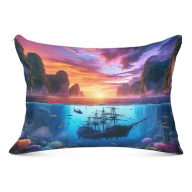 Imagem de Fronha de almofada de pôr do sol do navio pirata para a pele 50,8 x 76,2 cm Queen Fronhas duráveis com zíper