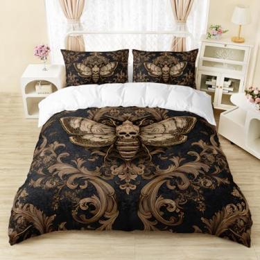 Imagem de AILONEN Conjunto de capa de edredom Queen de mariposa da morte, capa de edredom de caveira gótica com 2 fronhas, conjunto de capa de edredom floral dourado com tema de terror para meninos e meninas