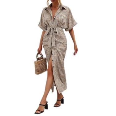 Imagem de Vestido feminino xadrez bege – Vestido midi com botão frontal com cinto e fenda lateral para uso casual/escritório, Caqui, Large