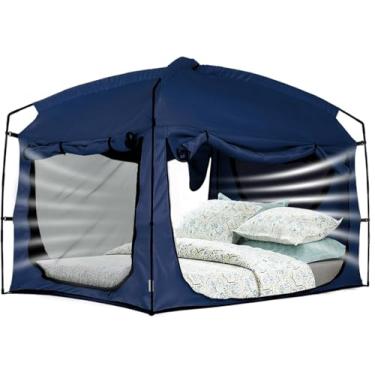 Imagem de Barraca de cama, dossel portátil para cama de dormir, blackout 90% cortinas para crianças e adultos, barraca de espaço interno de tamanho duplo com janelas de malha grandes respiráveis