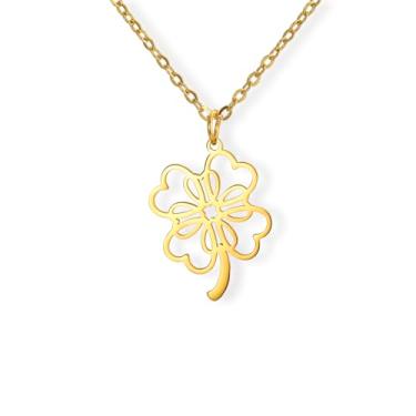 Imagem de Amaxer Colar com pingente de trevo de quatro folhas ajustável de aço inoxidável para mulheres irlandês Dia de São Patrício Trevo Coração Joia, Medium, Aço inoxidável, Sem Pedra Preciosa