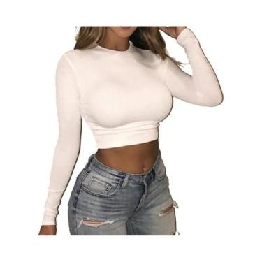 Imagem de Camiseta Feminina De Manga Longa Com Decote Redondo, Top Cropped Bodyc