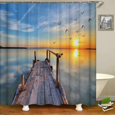 Imagem de Cortinas de chuveiro à prova d'água, cavalete marítimo, pôr do sol, cenário crepúsculo, cortina de banho, impressão 3D com ganchos, decoração de banheira 71 x 98 pol. - 180 x 248 cm/LxA