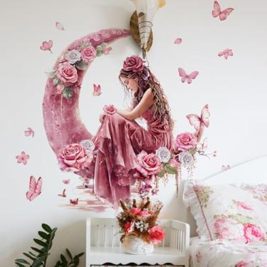 Imagem de ZARROUEA Decalques de parede de princesa fada, vestido de menina rosa e borboleta roxa adesivos de parede florais, arte de vinil removível para quarto de bebê de meninas (fada da lua rosa)