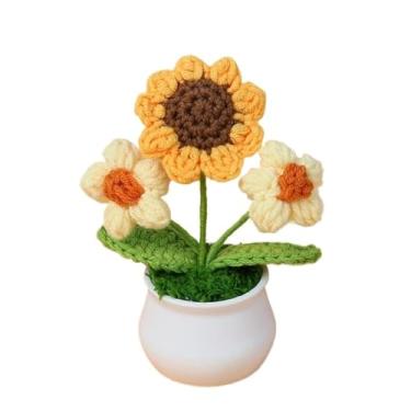 Imagem de Flores artificiais de crochê de girassol em vaso de flores tricotadas à mão (bege)