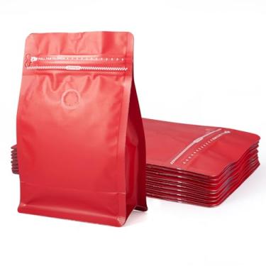 Imagem de Handship Sacos de café com válvula (10 peças, 226,8 g, 0,2 kg) sacos vermelhos resseláveis de fundo plano em forma de grãos de café bolsa de armazenamento de plástico com zíper para suprimentos de