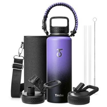 Imagem de Trebo Garrafa de água de 1,134 g com alça de paracord, jarro de água isolado de aço inoxidável de parede dupla grande de meio galão com alça de suporte e tampas de bico de palha, à prova de vazamento