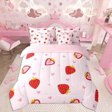 Imagem de Feelyou Conjunto de edredom completo de morango com lençol kawaii de 7 peças, decoração de quarto romântico, macio e leve de microfibra