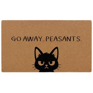 Imagem de Capacho de boas-vindas "Go Away Peasants", tapete de porta externo de gato preto engraçado fofo para entrada interna/externa, tapete de porta de coco artificial rústico para amantes de gatos, entrada