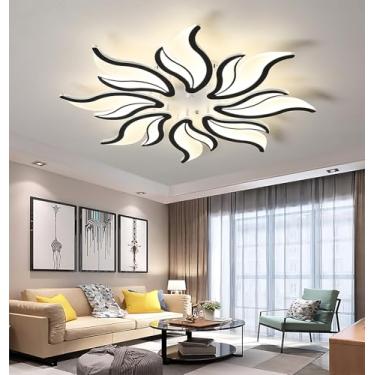Imagem de Luminária de teto LED, regulável, para sala de estar, quarto, com controle remoto, design moderno e criativo em formato de flor, lustre de embutir para quarto (preto, D78cm/58W)