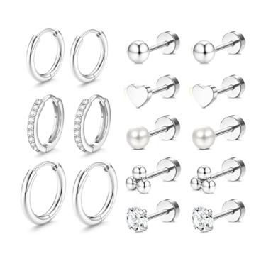 Imagem de Incaton Brincos de argola banhados a ouro 14 K, hipoalergênicos, de aço inoxidável cirúrgico, para mulheres, conjunto de brincos fofos pequenos de argola para cartilagem, Small, Metal, Zircônia cúbica