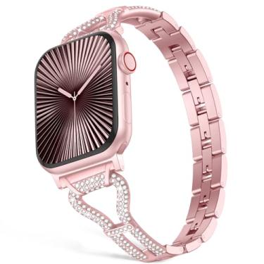 Imagem de Wepro Pulseira feminina de metal fino brilhante para Apple Watch séries 11, 10, 9, 8, 7 e SE 3, 2ª geração, 6, 5, 4, 3, 2, 2, para iWatch de 46 mm, 44 mm, 45 mm, 49 mm, 42 mm, rosa