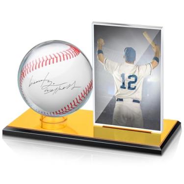 Imagem de DoubleFill Vitrine de beisebol de acrílico para bola e cartas, base transparente, suporte dourado, conjunto de peças centrais, protetor de lembranças, vitrine para beisebol tamanho oficial (pequeno)