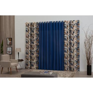 Imagem de Cortina Florata com Ilhós, Tecido Rústico Texturizado Floral, 2.00x1.70m, 60% Algodão 40% Poliéster (Azul Royal)