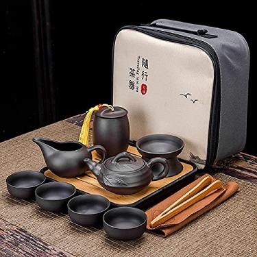 Imagem de Conjunto de chá de cerâmica, conjunto de chá portátil de viagem com bule de chá, xícaras de chá, recipiente de chá, bandeja de chá e bolsa de viagem, adequado para viagens, casa, exterior e escritório