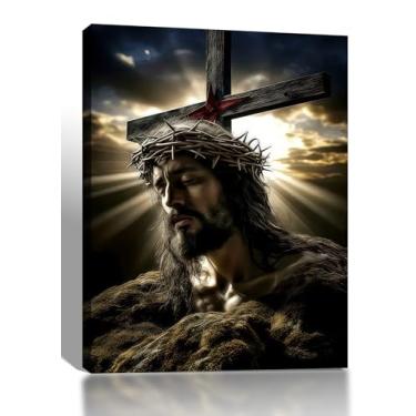Imagem de Arte de parede em tela com cruz de Jesus emoldurada religião cristã Jesus cruz e coroa de espinhos impressão de pôster pintura de decoração de casa adequada para sala de estar quarto igreja sala de
