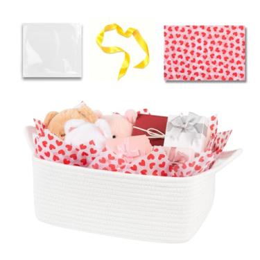 Imagem de OIAHOMY Cesta de tecido, cesta de presente vazia com sacos de presente, fitas e papel de embrulho, cestas de corda para chás de bebê, cestas de armazenamento com alças para berçário, organizador de
