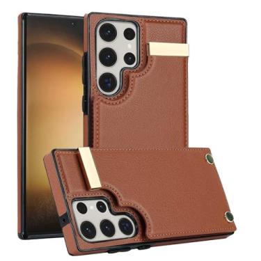 Imagem de Capa carteira para Samsung Galaxy S26/S26 Plus/S26 Ultra, capa de couro elegante com padrão de lichia, porta-cartão de órgão e suporte (marrom, S26 Plus)
