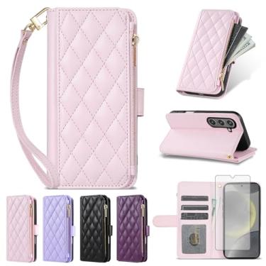 Imagem de Furiet Argyle Capa carteira para Samsung Galaxy S24 FE 5G com protetor de tela de vidro temperado, alça de pulso, compartimentos para cartões, couro PU, suporte para cartão, capa de telefone para S 24