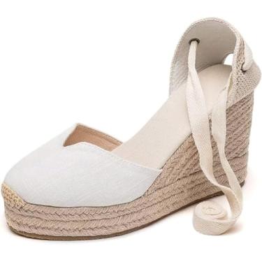 Imagem de U-lite Sandália feminina espadrille cunha, bico fechado, plataforma com cadarço e tira no tornozelo, slingback, Plataforma de lona branca - 10 cm, 36