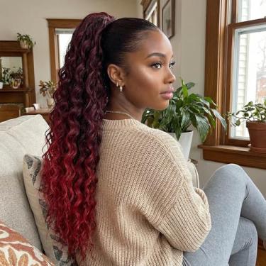 Imagem de Rabo de cavalo longo encaracolado com cordão para mulheres peruca de cabelo humano 61 cm clipe em rabo de cavalo natural ondulado para mulheres negras vermelho