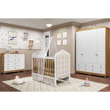 Imagem de Quarto de Bebê Completo Elô 4 Peças (1GuardaRoupa+1Berço+1Cômoda+1Complemento) QI116 Branco/Amendoa - Peroba
