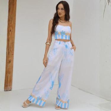 Imagem de Conjunto Feminino Estampado Alfaiataria Seda Pantalona e Top Cor:Azul 