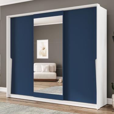 Imagem de Guarda Roupa Casal com Espelho 3 Portas de Correr Porto Politorno - Branco com Azul