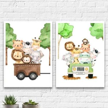Imagem de Kit 2 Quadros Bichinhos Safari 45X34Cm Vidro Moldura Branca