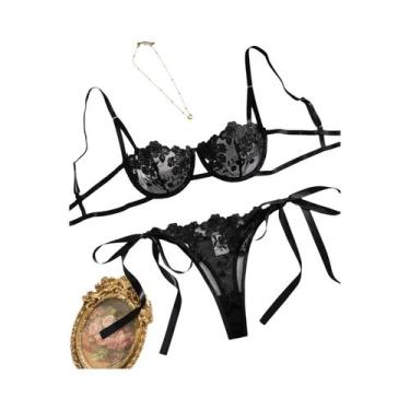 Imagem de Conjunto De Lingerie Feminina Bordada Com Flores, Sutiã E Calcinha Tra