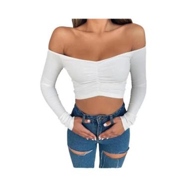 Imagem de Camiseta Feminina De Manga Longa Com Ombros Descidos, Cor Sólida, Moda