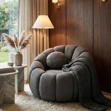 Imagem de Poltrona Decorativa Concha C/Almofada Boucle Cinza Escuro Abobora - Montanaris Decor