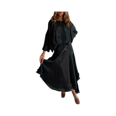 Imagem de Vestido Feminino De Moda Com Cintura Alta, Manga Longa, Decote Redondo