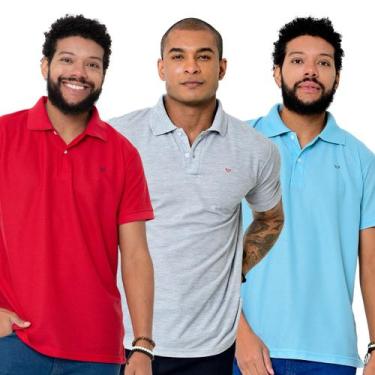 Imagem de Kit 3 Camisas Gola Polo Masculina Piquet Lisa Camisaria Colombo Azul-V
