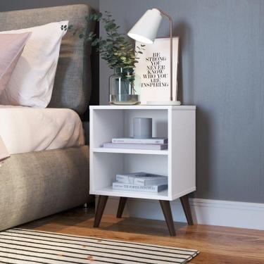 Imagem de Conjunto 2 Mesas de Cabeceira Retrô com Prateleira Completa Móveis Branco