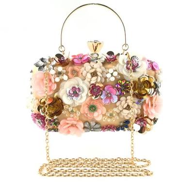 Imagem de Bolsa de noite com contas e flores de pérola bolsa de mão para casamento bolsa de noiva feminina bolsa de corrente, Dourado, M
